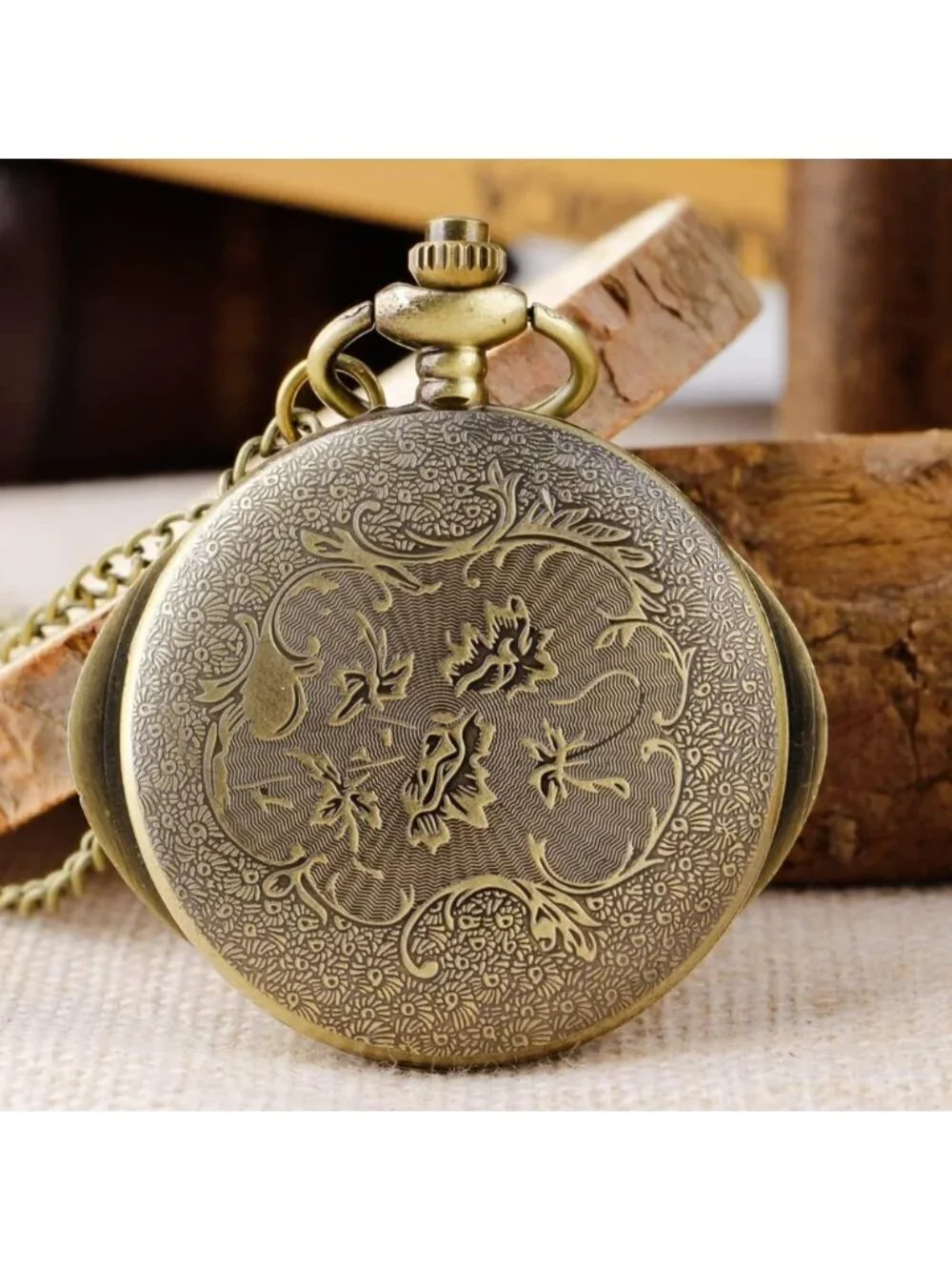 Men's Brown Analog Quartz Green Eyes Shape Pendant Necklace Round Pocket Watch